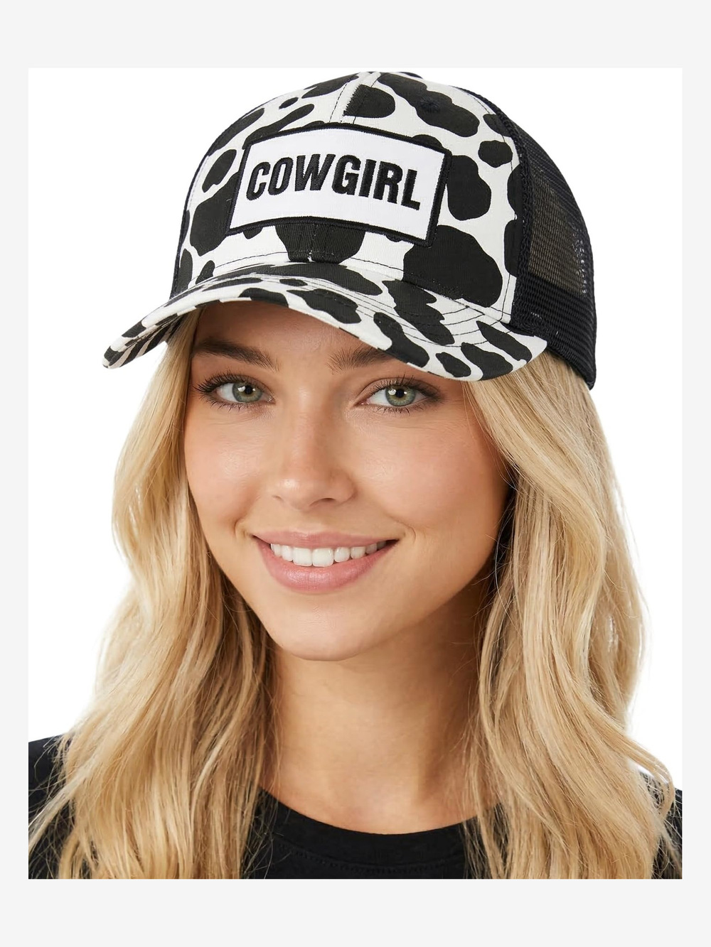 Distressed Mesh Low Profile Trucker Hat | Cow Girl (Cow Print, Black) | Size OS